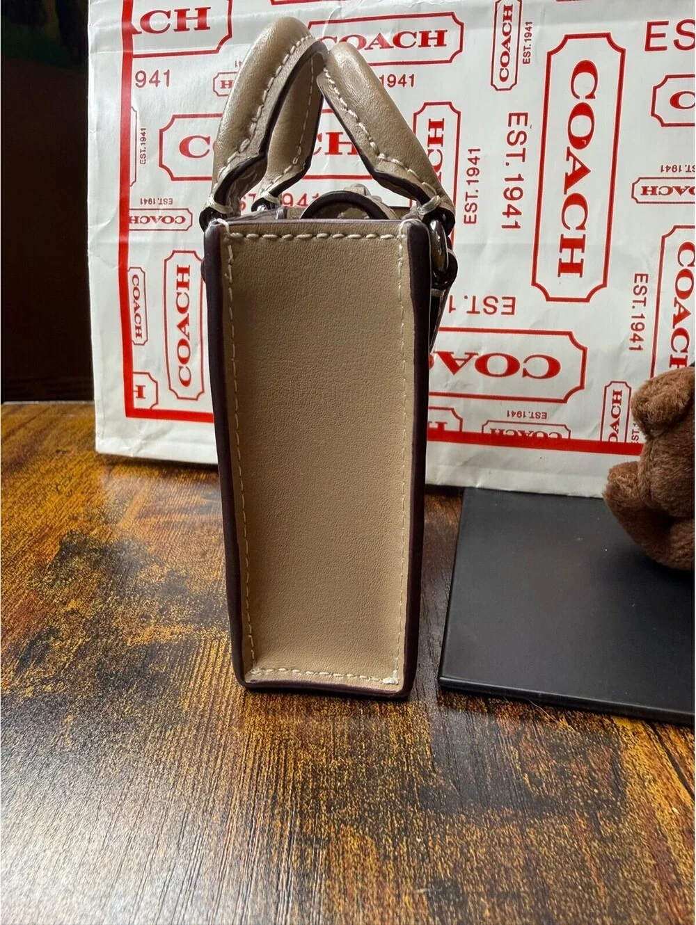 Coach Beige Mini Tote Keychain Bag Charm NWT + Coach Dust Bag